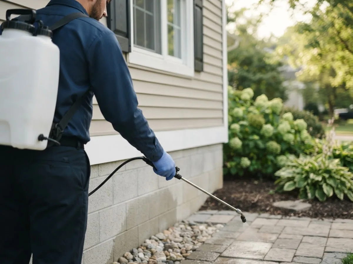 Pest control technician inspecting a home in Nabb, IN